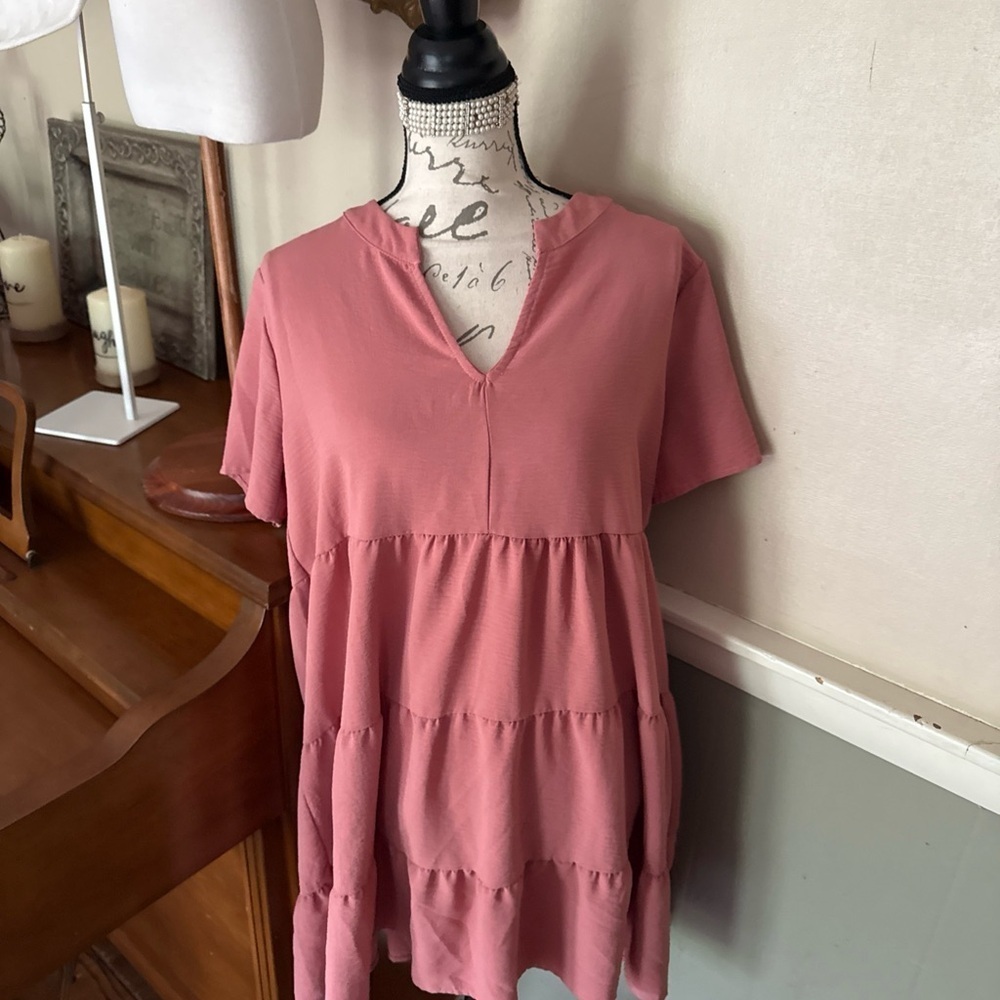 Women's Pink V-Neck Tiered Dress